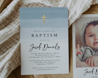 Light Blue Watercolor Baptism Invitation Template, Baptism Invitation Boy, Christening, Modern, Editable, Instant Download, Minimalist, 17