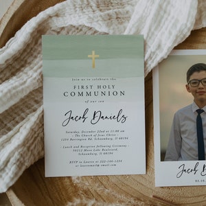 Green Watercolor First Communion Invitation Template, First Holy Communion Invitation Boy, 100% Editable, Instant Download, Minimalist, 17