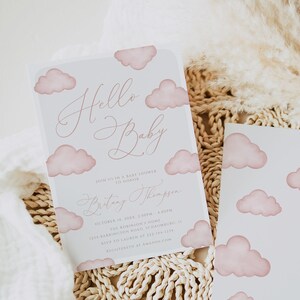 Hallo Baby-moderne rosa Wolken-Babyeinladungsvorlage, Boho-Babyparty einladen, rosa Wolke-Babyparty, Mädchen-Babyparty, bearbeitbar, 113