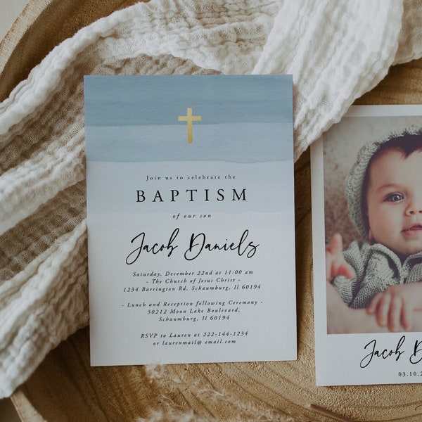 Light Blue Watercolor Baptism Invitation Template, Baptism Invitation Boy, Christening, Modern, Editable, Instant Download, Minimalist, 17