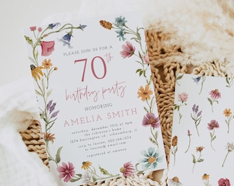 70th Birthday Invitation Template, Seventy Birthday, Adult Birthday, Women's, Wildflower Birthday, Floral Birthday, Editable, Download, 55