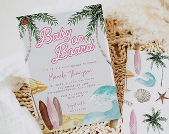 Baby on Board Baby Shower Invitation, Beach Baby Shower Invite, Summer Girl Baby Shower Invitation, Surf Clothes Shower, Editable, 114