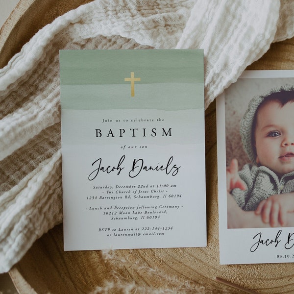 Green Watercolor Baptism Invitation Template, Baptism Invitation Boy, Christening, First Holly, Editable, Instant Download, Minimalist, 17