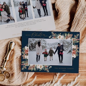 Christmas Card with Photo Template, Printable Christmas Card, Floral Blue Holiday Card, Editable New Years Card Download, Pine, 124