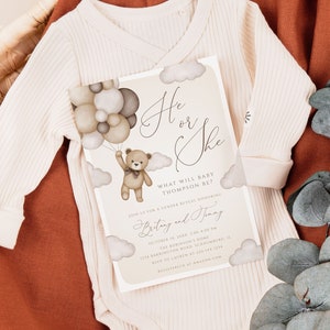 Modello di invito per baby shower con rivelazione del sesso del nascituro, invito per baby shower con orsetto, baby shower con orsetto, palloncini, rivelazione boho, modificabile, 103