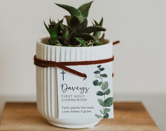Etiqueta de regalo "La fe siembra la semilla, el amor la hace crecer", etiquetas de regalo de suculentas para bautizo, plantilla editable, etiqueta imprimible para cactus o plantas, 035