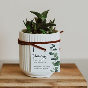 Etichetta per bomboniere "La fede pianta il seme, l'amore lo fa crescere", etichette per bomboniere succulente per il battesimo, modello modificabile, etichetta stampabile per cactus o piante, 035