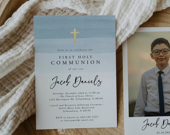 Light Blue Watercolor First Communion Invitation Template, First Holy Communion Invitation Boy, 100% Editable, Instant Download, Minimalist