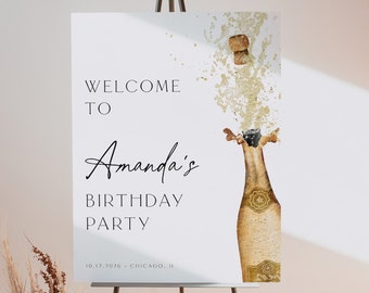 Champagne Birthday Welcome Sign, Sip Sip Champagne Minimalist Birthday Party Welcome Sign, Birthday Welcome, Elegant, Editable, Template, 89