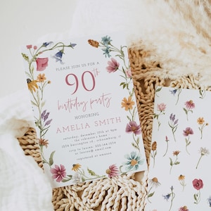 90th Birthday Invitation Template, Ninetieth Birthday, Adult Birthday, Women&#39;s, Wildflower Birthday, Floral Birthday, Editable, Download, 55