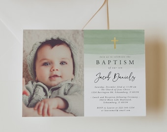 Green Watercolor Baptism Invitation Template, Baptism Invitation Boy, Christening, First Holly, Green Baptism, Editable, Instant, 17