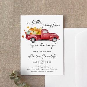 Pumpkin Fall Boy Baby Shower Invitation, Truck Boy Baby Shower Invite, A Little Pumpkin is on the Way, Instant Download, Template