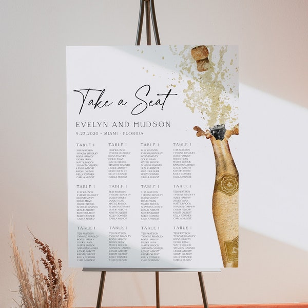 Champagne Seating Chart Poster, Minimalist, Printable Wedding Seating Sign, Champagne Rehearsal Dinner, Download, Editable Template, 89