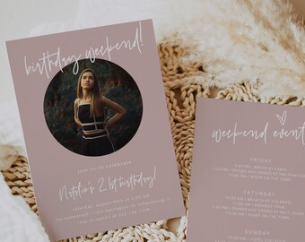 Birthday Invitation Template, Photo Birthday Invitation Template, Boho Theme, Modern Birthday Invitation, Pink, Download, Template, 41