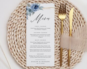 Dusty Blue Menu Template, Blue Menu, Modern Menu Printable Wedding Dinner Menu Card, Gold, Editable Text, INSTANT DOWNLOAD, Templett, 06
