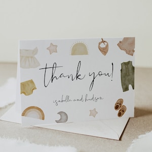 Carte de remerciement pour baby shower, remerciement pour baby shower bohème, baby shower de vêtements, notes de remerciement, plié, non sexiste, téléchargement immédiat, 95