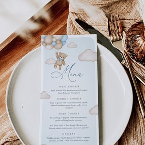 Beer ballon babyshower menusjabloon, boho babyshower menu, beer babyshower menu, afdrukbaar dinermenu, bewerkbare tekst, blauwe beer, 103