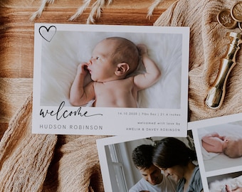 Birth Announcement Template, Photo Baby Announcement Card, Newborn, Welcome, Minimalist, Editable, Printable, Instant Download, 003