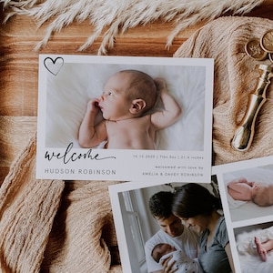 Birth Announcement Template, Photo Baby Announcement Card, Newborn, Welcome, Minimalist, Editable, Printable, Instant Download, 003