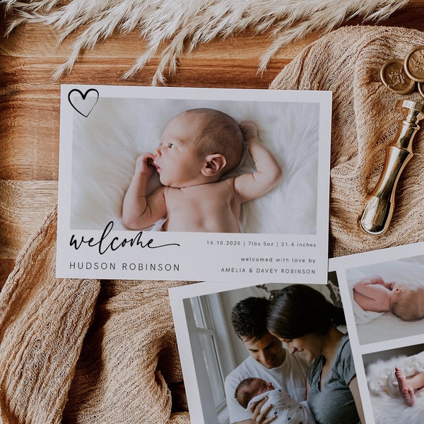 Birth Announcement Template, Photo Baby Announcement Card, Newborn, Welcome, Minimalist, Editable, Printable, Instant Download, 003