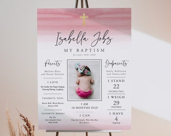 Pink Baptism Milestone, Poster Board Template, Printable, Editable, First Communion Poster, Photo Baptism Milestone, Girl Pink Baptism, 36