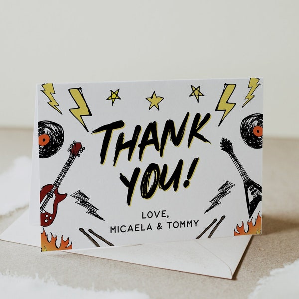 Rock and Roll Thank You Card, Rock Baby Shower Thank You, Rock Birthday, Thank You Notes, Folded, Template, Instant Download, 109