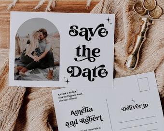 Retro Postcard Save the Date Template, Postcard Photo Save the Dates, Save the Date with Pictures, Editable, Retro Wedding, Instant, 72