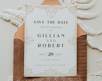 Art Deco Save the Date Template, Retro Black and Gold, Wedding Date Printable, Gatsby Save The Date, INSTANT DOWNLOAD, Editable, 78