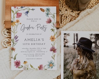 Garden Party Invitation template, Folk Wildflowers, Wild Floral, Watercolor Floral, Wildflower Birthday, Instant Download, Editable, 55