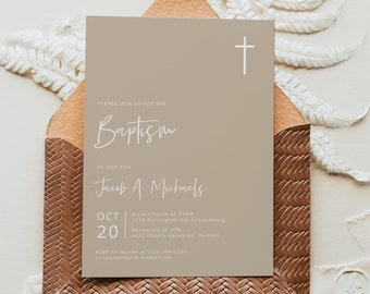 Baptism Invitation Template, Neutral Beige Baptism Invitation Boy, Christening, Modern, Editable, Instant Download, Minimalist Baptism, 83