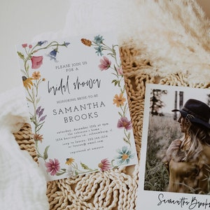 Plantilla de invitación para despedida de soltera con flores silvestres, jardín nupcial, invitación floral, primavera, verano, Templett, flores de novia, descarga imprimible, 55