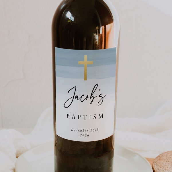 Baptism Wine Label Template, Blue Gold Wine Labels, Editable Wine Labels, Printable Wine Labels, Personalized gift, Download, 17