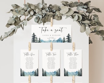 Mountain Wedding Seating Chart Card, Pine Wedding Seating Chart Cards, Woodland Seating Chart, Lake, Rustic, Download, Editable, 005