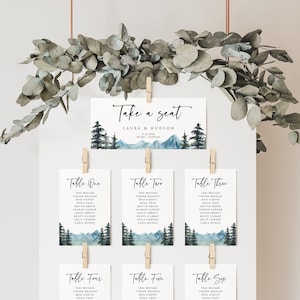 Carte de table table mariage montagne, cartes table table table mariage pin, table table bois, lac, rustique, téléchargement, modifiable, 005