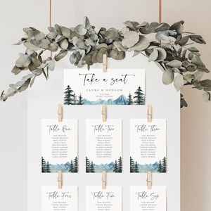 Mountain Wedding Seating Chart Card, Pine Wedding Seating Chart Cards, Woodland Seating Chart, Lake, Rustic, Download, Editable, 005