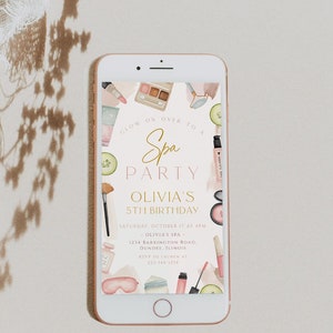 Spa Birthday Invitation Text Message Template, Electronic, Spa Birthday Party Invitation Evite, Glam, Makeup, Spa Blush Pink, Editable, 117