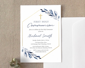 Blue Gold Communion Invitation Boy, Greenery Communion Invitation, First Holy Communion, Communion Boy Template, Editable , Download, 060