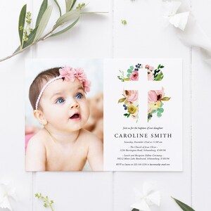 Girl Photo Baptism Invitation Template, Blush Floral Pink, Christening invitation Girl, Rose Baptism Invitation, Editable, Instant, 67