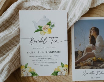 Bridal Shower Tea Party Invitation Template, Printable Lemon Bridal Tea Shower Invite, Bridal Brunch, Editable Text, Download, Floral Blush