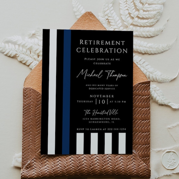 Police Retirement Invitation Template, Police Invitation Printable Instant, Thin Blue Line Flag, Retirement Party, DIY, EDITABLE, 121