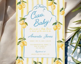 Ciao Baby Shower Invitation, Italian Themed, Lemon Baby Sprinkle Citrus Ribbon Bow Bella Bambino Canva Template, 146