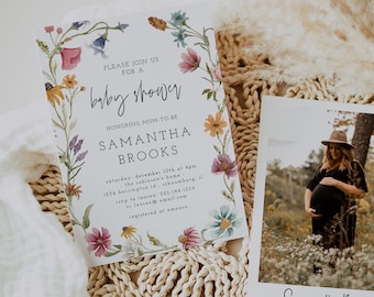 Wildflower Baby Shower Invitation Template, Wildflower on the Way, Floral Invite, Spring, Summer, Templett, Printable Download, 55