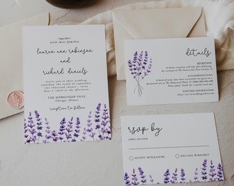 Lavender Wedding Invitation Set Template, Purple Floral Printable, Wedding Invitation Suite, Purple Blossom, Instant Download, Editable, 53