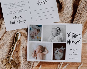 Birth Announcement Postcard Twin Babies, Minimal Photo Baby Announcement Card, Double Blessing, Editable Template, Instant, Modern, 41