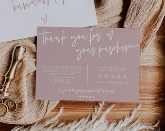 Small Business Thank You Card Template, Blush Thank You Package Insert, Modern Business Thank You, Thank You For Your Purchase, Editable