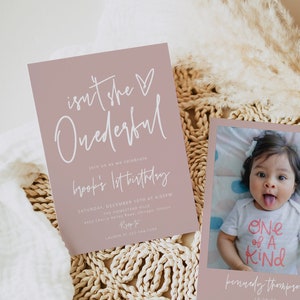 Blush Little Miss Onederful Birthday Invitation Template, Modern Boho Girl 1st Birthday Invite Printable, Minimalist Birthday, Download, 41P
