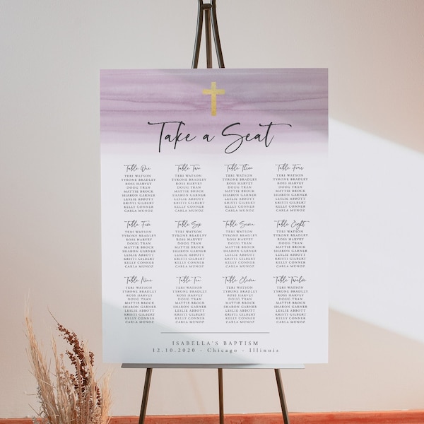 Baptism Seating Chart Poster, Purple Baptism, Printable Baptism Seating Sign, Communion Seating, Lavender, Editable, Template, 36