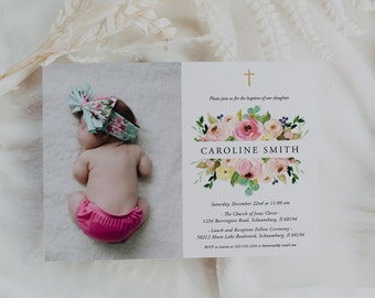 Girl Photo Baptism Invitation Template, Blush Floral Pink, Baptism Invitation, Christening invitation Girl, Rose Baptism, Printable, 67