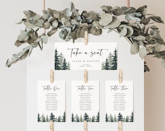 Pine Wedding Seating Chart Card, Mountain Wedding Seating Chart Cards, Woodland Seating Chart Card, Rustic, Download, Editable Template, 005