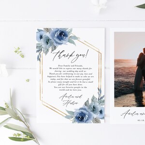 Tarjeta de agradecimiento azul polvoriento, carta de agradecimiento, menú de boda imprimible, plantilla editable, descarga instantánea, Templett, 06